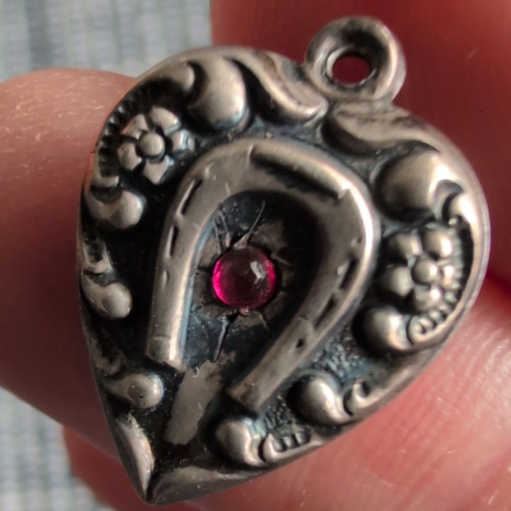 Silver Puffed Heart Pendant with Pink Gemstone
